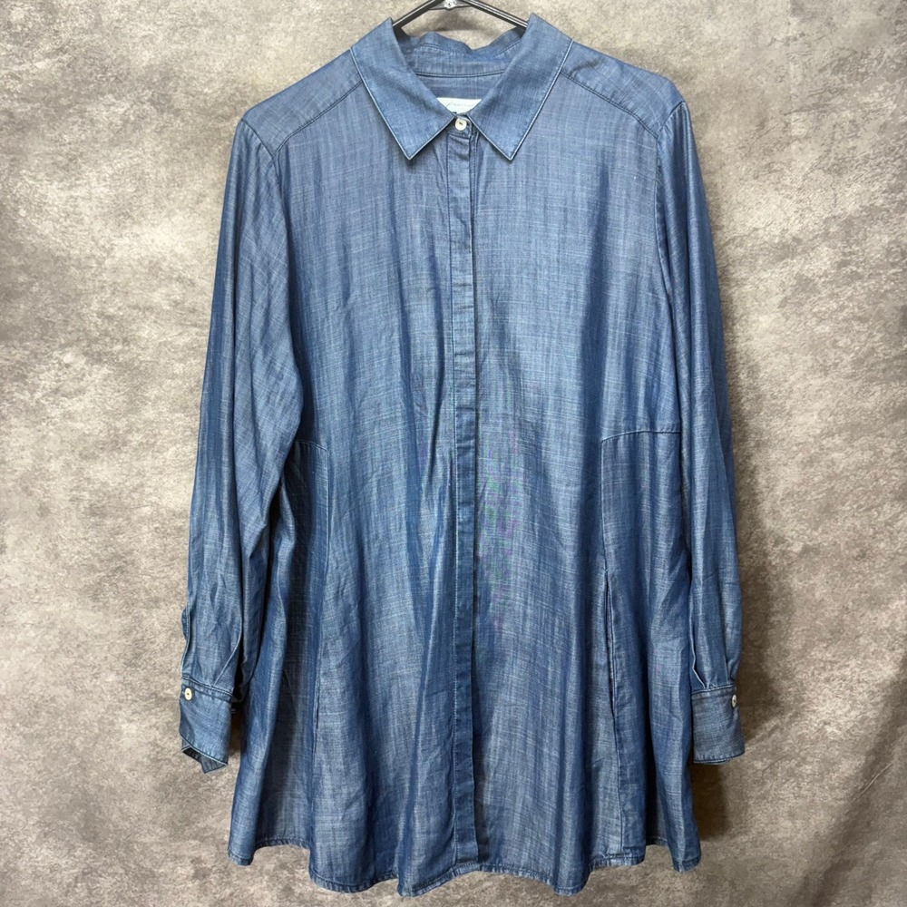 Foxcroft Chambray Button Down Tunic Top Shirt Womens Size 14W Blue Tencel
